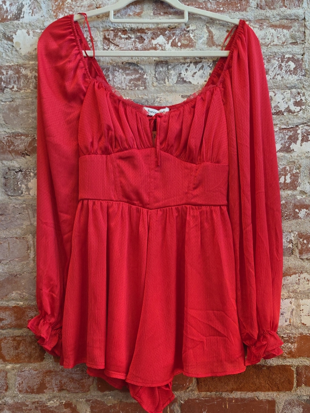 Red Peasant-Sleeve Women's Romper